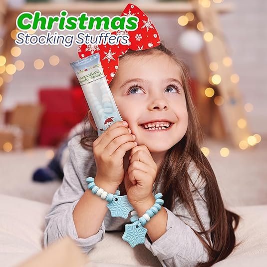 4E's Novelty Christmas Candy Bracelets - 30-Pack Christmas Shapes Bulk Candies Individually Wrapped, Fun Christmas Stocking Stuffers & Party Favor Candy for Kids, Blueberry Candies Bracelet