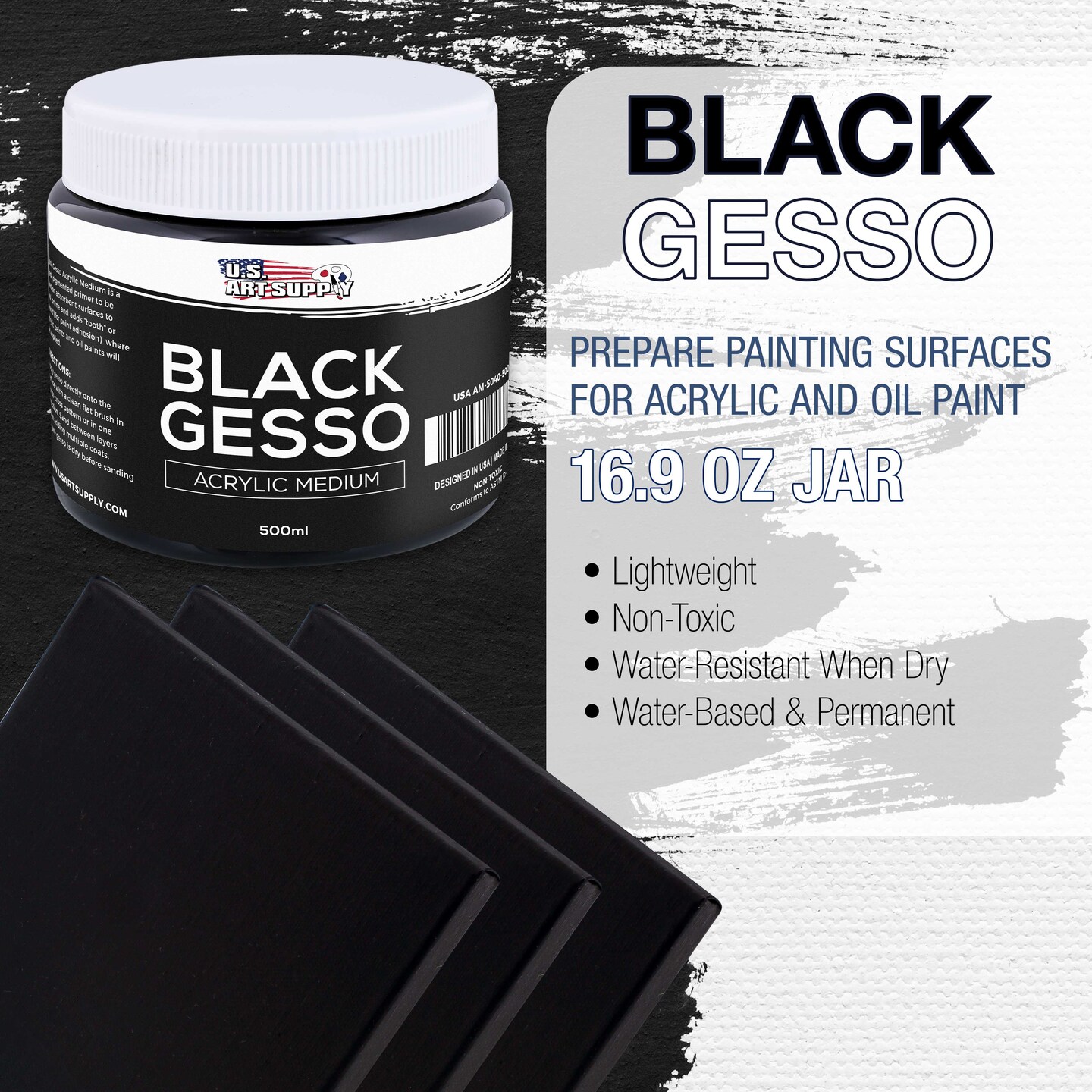 Black Gesso Primer - 16.9oz (500ml) for Oil &#x26; Acrylic Paint - Superior Coverage, Canvas Prep, Mixable White Gesso Paint Artists
