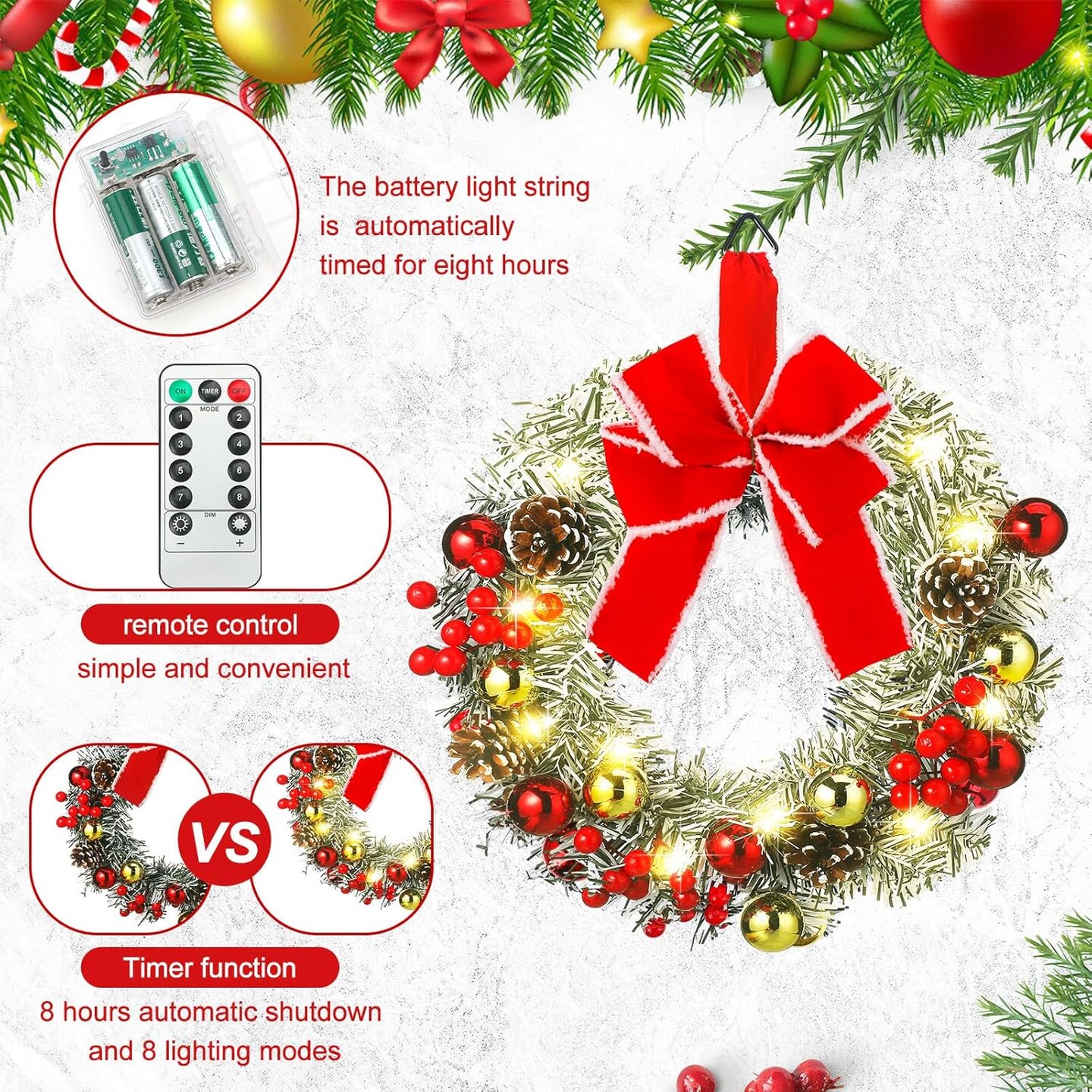 14 Inch Timer Lighted Christmas Wreaths 13.77"D x 15.74"W x 13.77"H