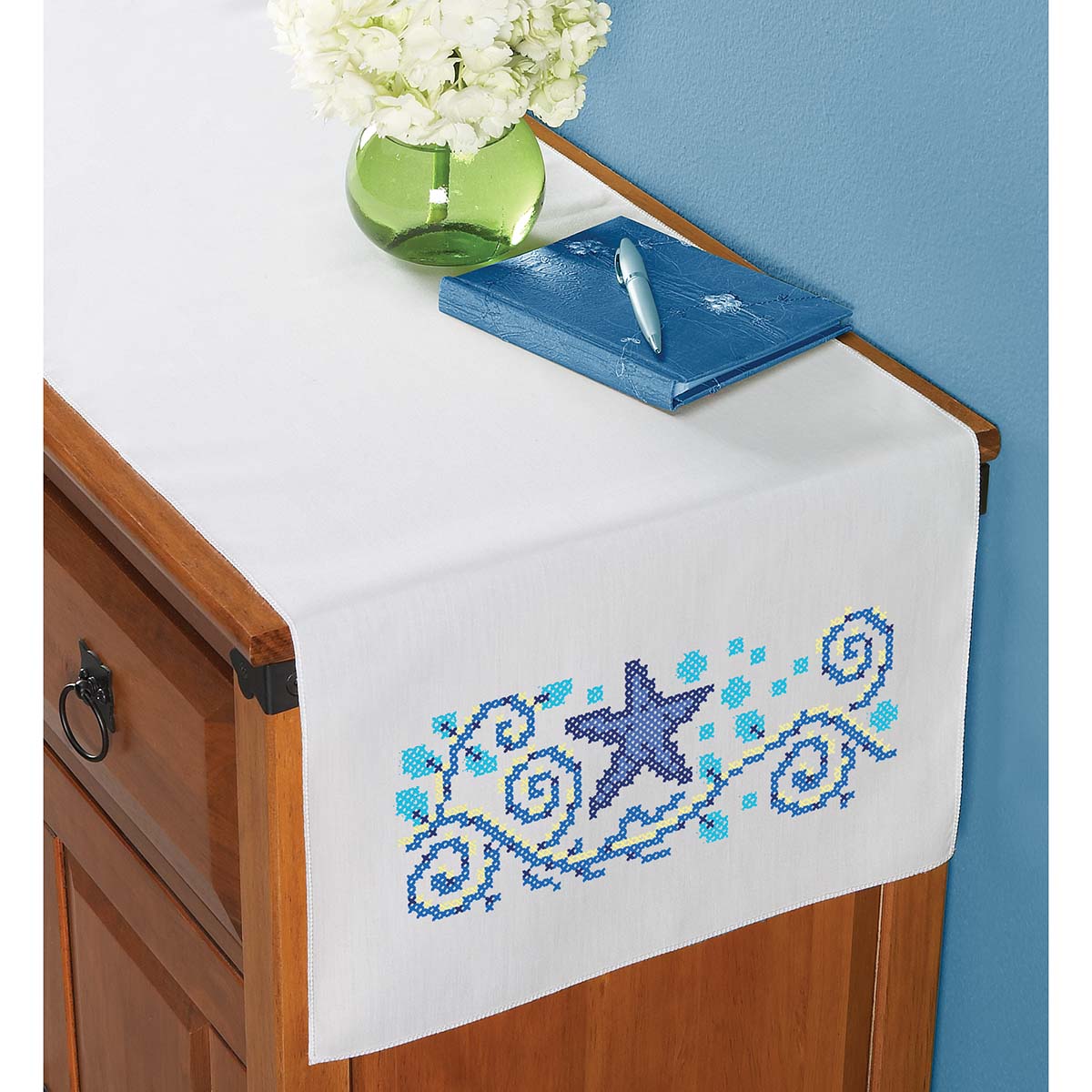 blue dresser scarf Herrschners Seaside Treasures Stamped Cross-Stitch, Color: Multi read chart and instructions Style Season Description:SPRING 2026 DELIVERY 2 Alright, Nikki, ready for Color:As Picture Show