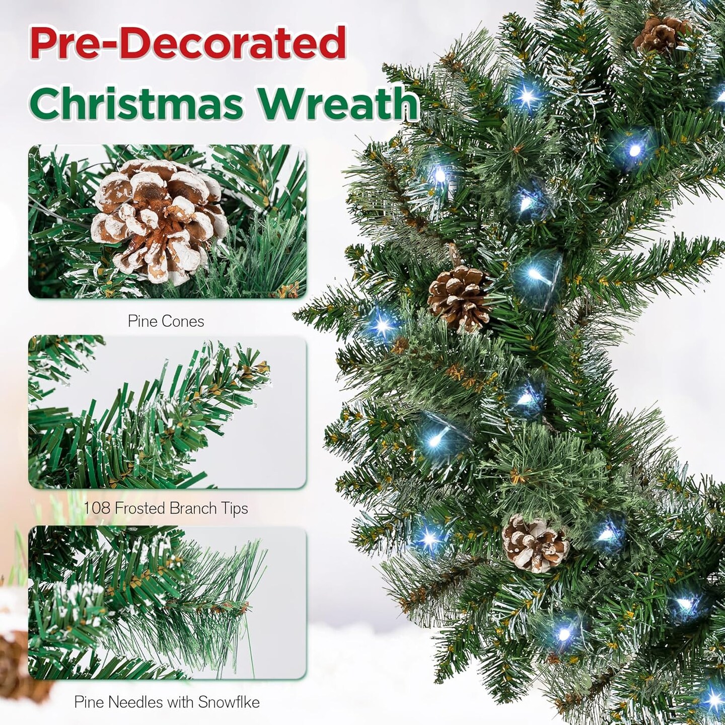 Pre-lit Christmas Wreath for Front Door (Frosted) 24&#x22;D x 24&#x22;W x 5.1&#x22;H