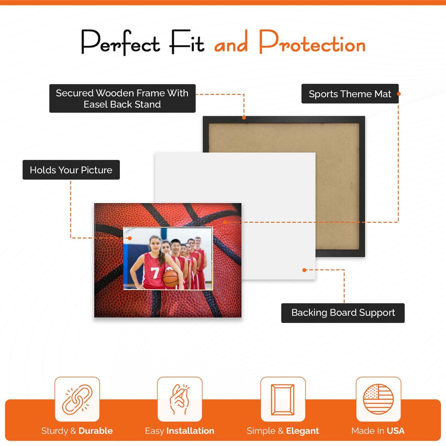 iFrame Commemorative Basketball Sports Athletics Frame I Fits 5x7 Photograph, Real Wood Black Finish, Desktop, Table Or Wall Mount I Shatterproof Plexiglass I Made in the USA