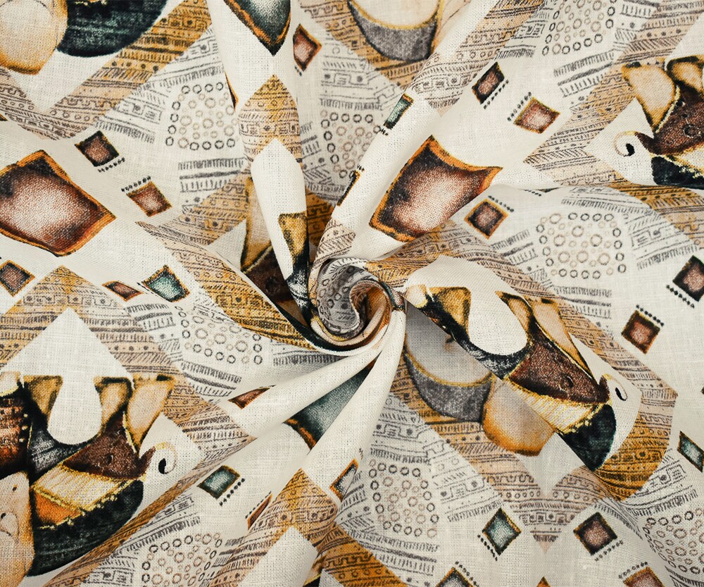 White-Yellow-Multi Elephant Diamond Pattern Printed Linen Woven Fabric By the Yard