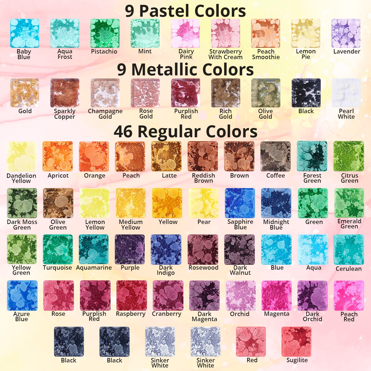 LET'S RESIN 64pcs Concentrated Alcohol Ink Set, 9 Pastel and 9 Metallic Vibrant Colors Alcohol-Based Resin Ink for Epoxy Resin, Alcohol Paint Dye for Resin Art, Tumblers, 3D Bloom (Each 0.35oz)