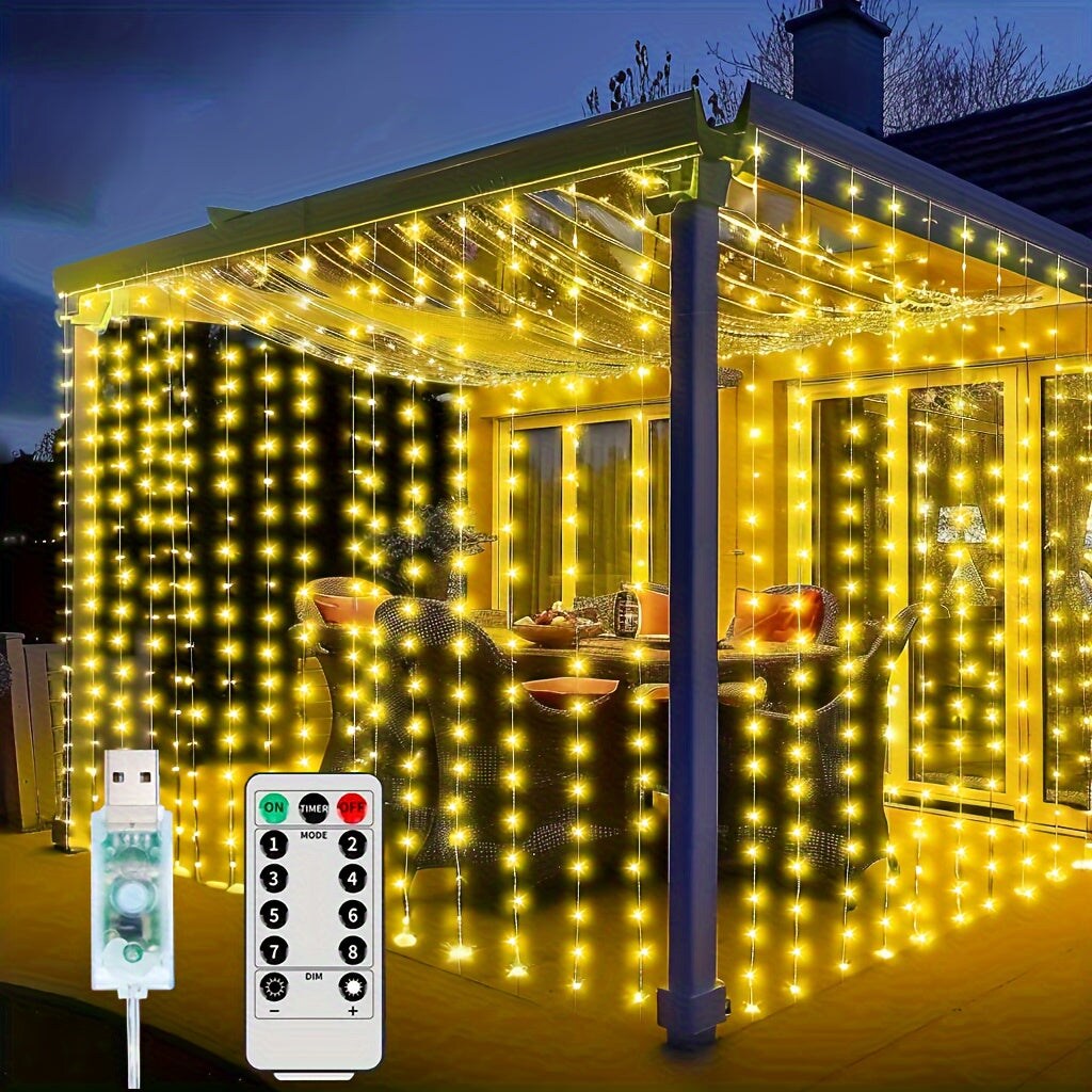 300LED Fairy Curtain Light, Curtain String Light USB Power Supply 8 Flashing Modes (Warm White)