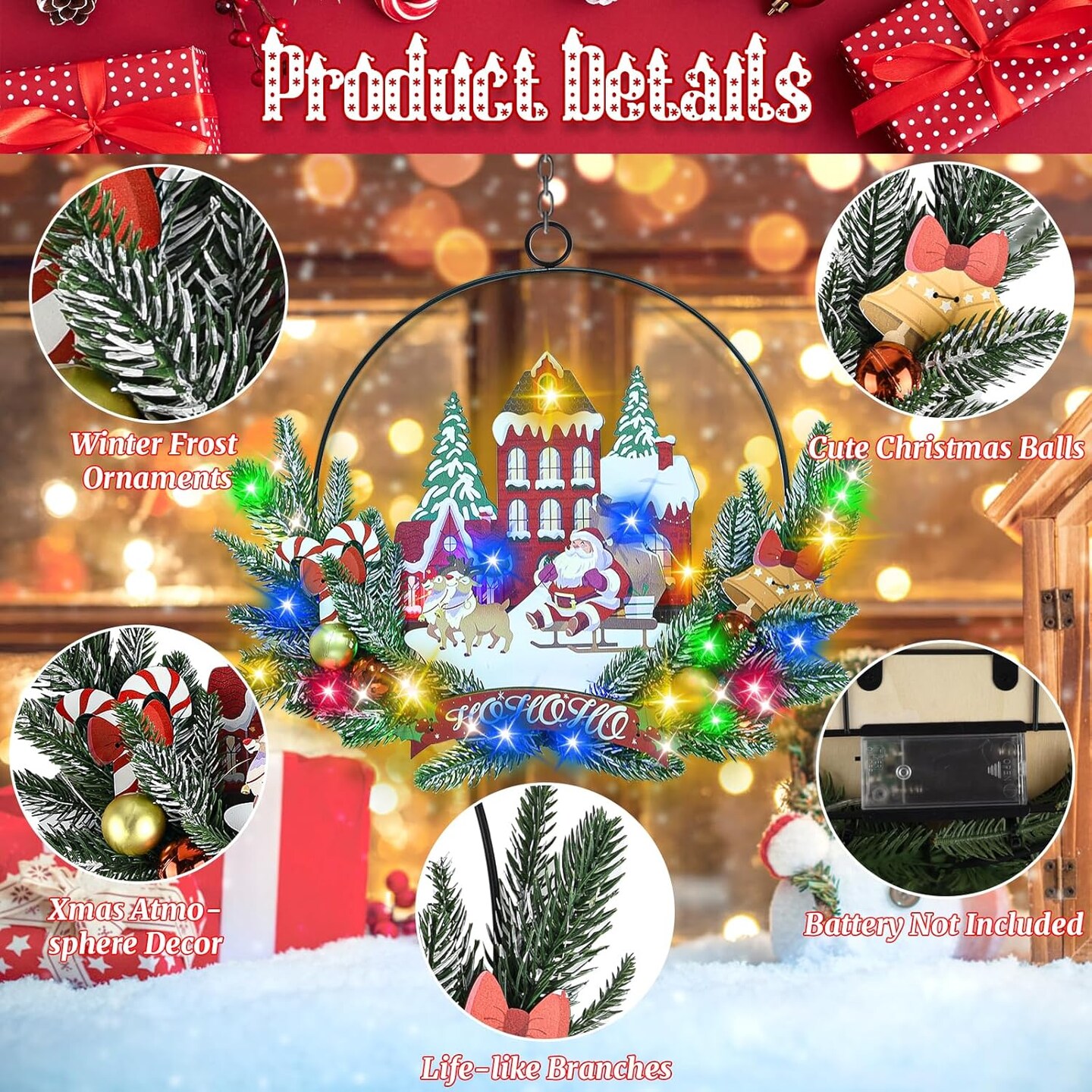 Light up Christmas Wreaths for Front Door (Santa Claus) 2"D x 13.39"W x 15.75"H