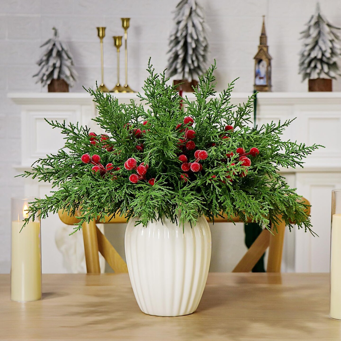 40Pcs Christmas 3D Artificial Pine Branches and Holly Berry Picks (Red Berry) 1&#x22;D x 1&#x22;W x 1&#x22;H