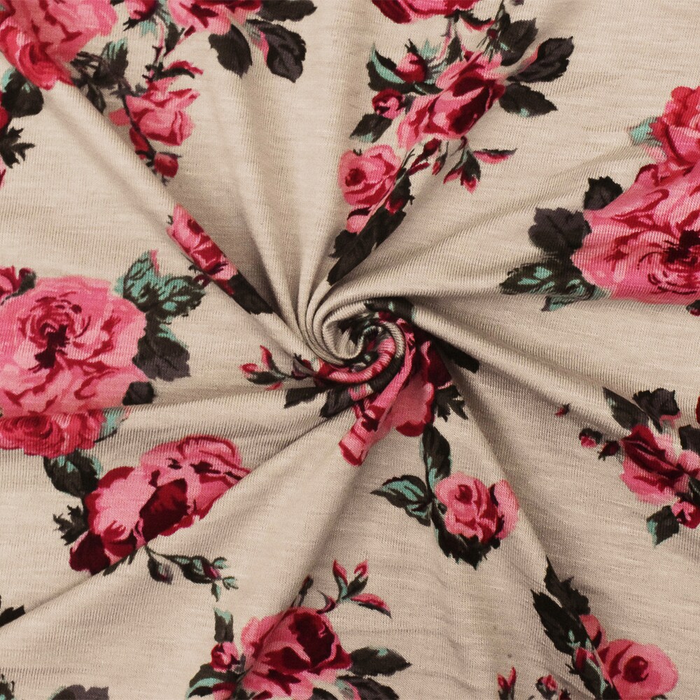 Taupe-Pink-Multi Floral Printed Stretch Rayon Spandex Jersey Knit Fabric By the Yard