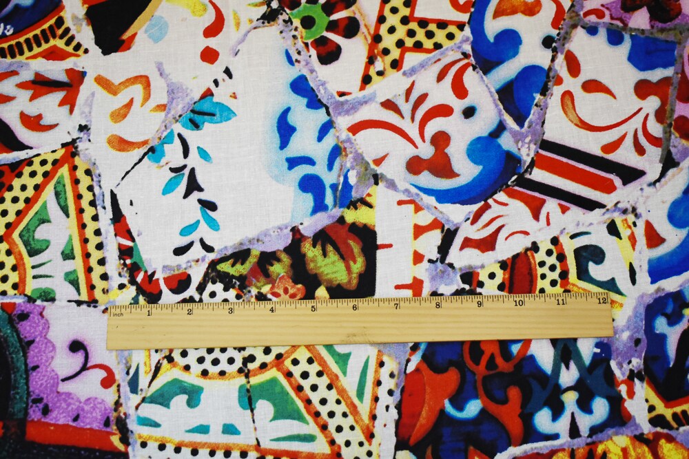 Blue-Orange-Multi Abstract Collage Pattern Printed Linen Woven Fabric By the Yard