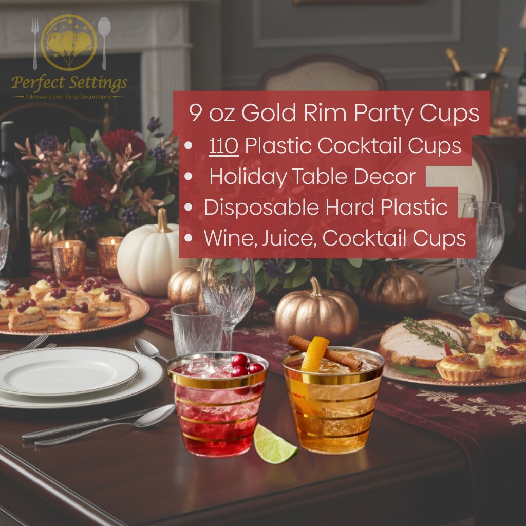 110 Pack 9 oz Disposable Clear Plastic Cups| Gold Rimmed Disposable Cups