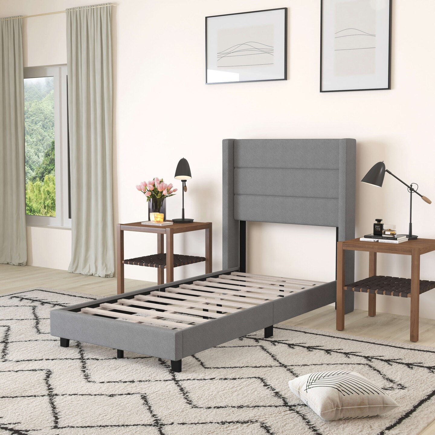 Merrick Lane Percy Modern Platform Bed with Padded Channel Stitched Upholstered Wingback Headboard and Underbed Clearance