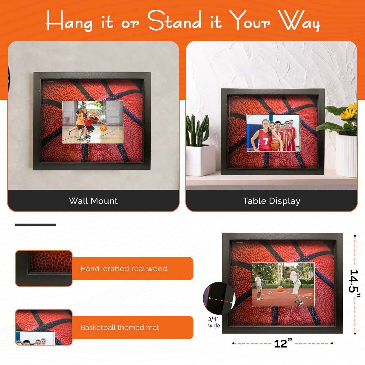 iFrame Commemorative Basketball Sports Athletics Frame I Fits 5x7 Photograph, Real Wood Black Finish, Desktop, Table Or Wall Mount I Shatterproof Plexiglass I Made in the USA