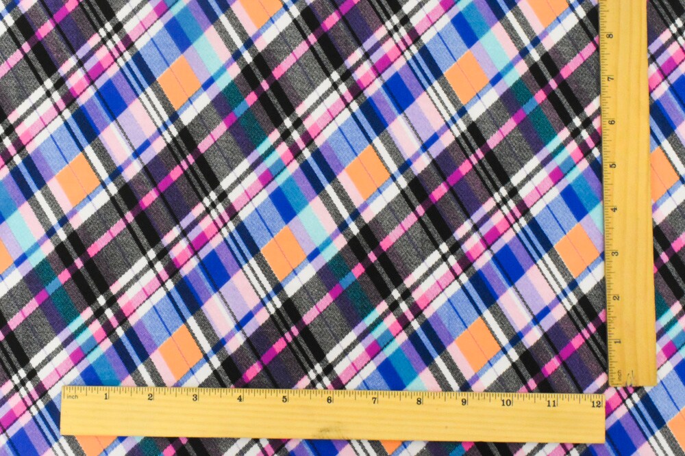 Black-Purple-Multi Plaid Printed Stretch Polyspan Jersey Knit Fabric By the Yard