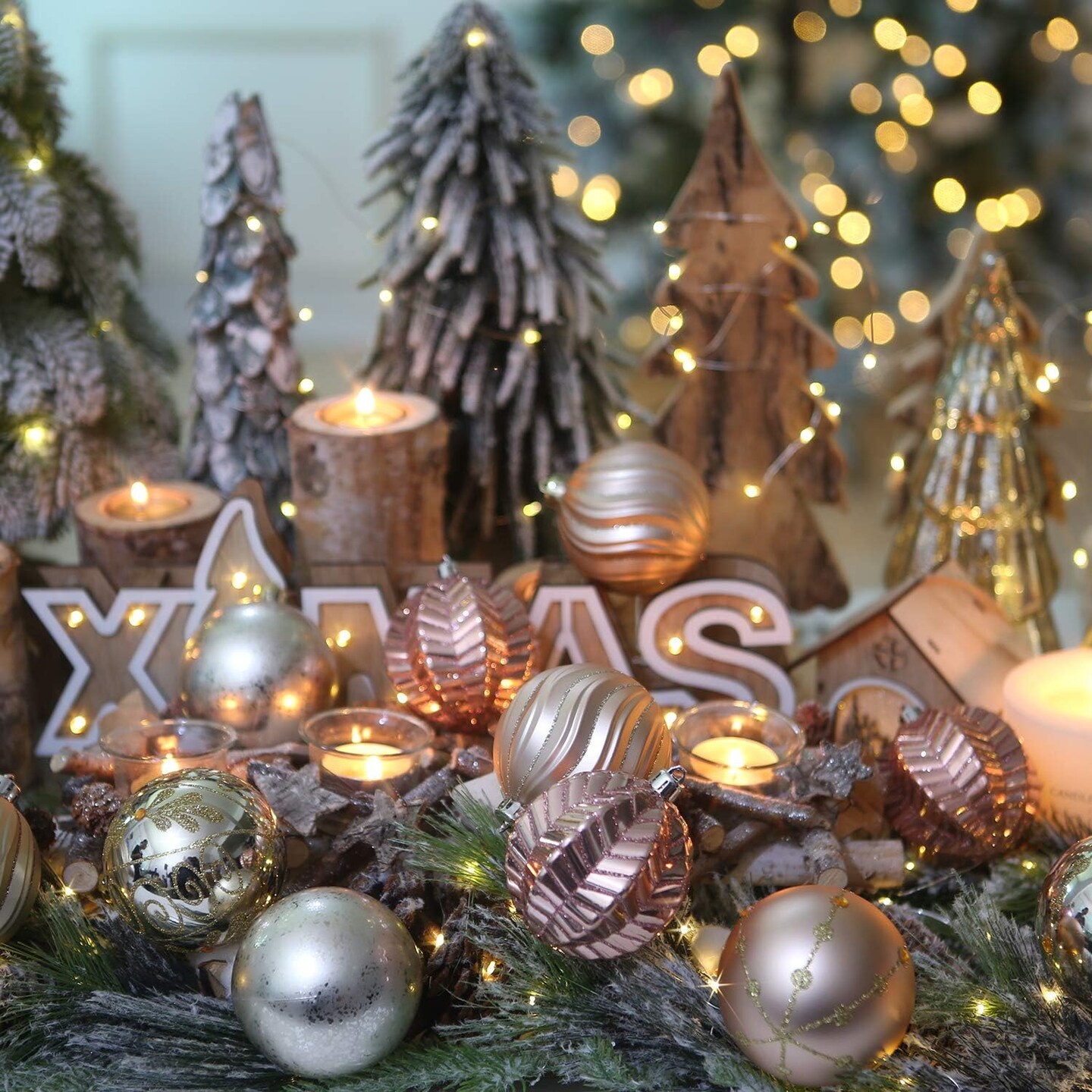 16pcs Christmas Sparkling Ball Ornaments (Rose Gold & Champagne) - 12.8 x 12.8 x 3.15 inches