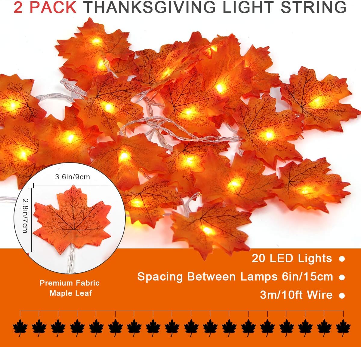 2 Pack 10FT/20LED Maple Leaves String Light (Gold, Orange)