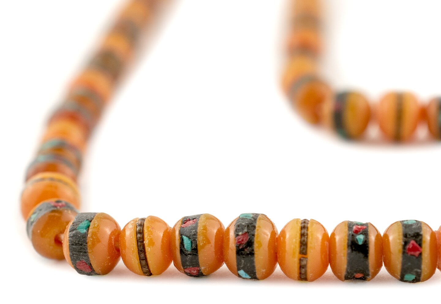 The Bead Chest Vintage Inlaid Resin Prayer Beads 10mm Nepal Orange Round Large Hole 36 Inch Strand