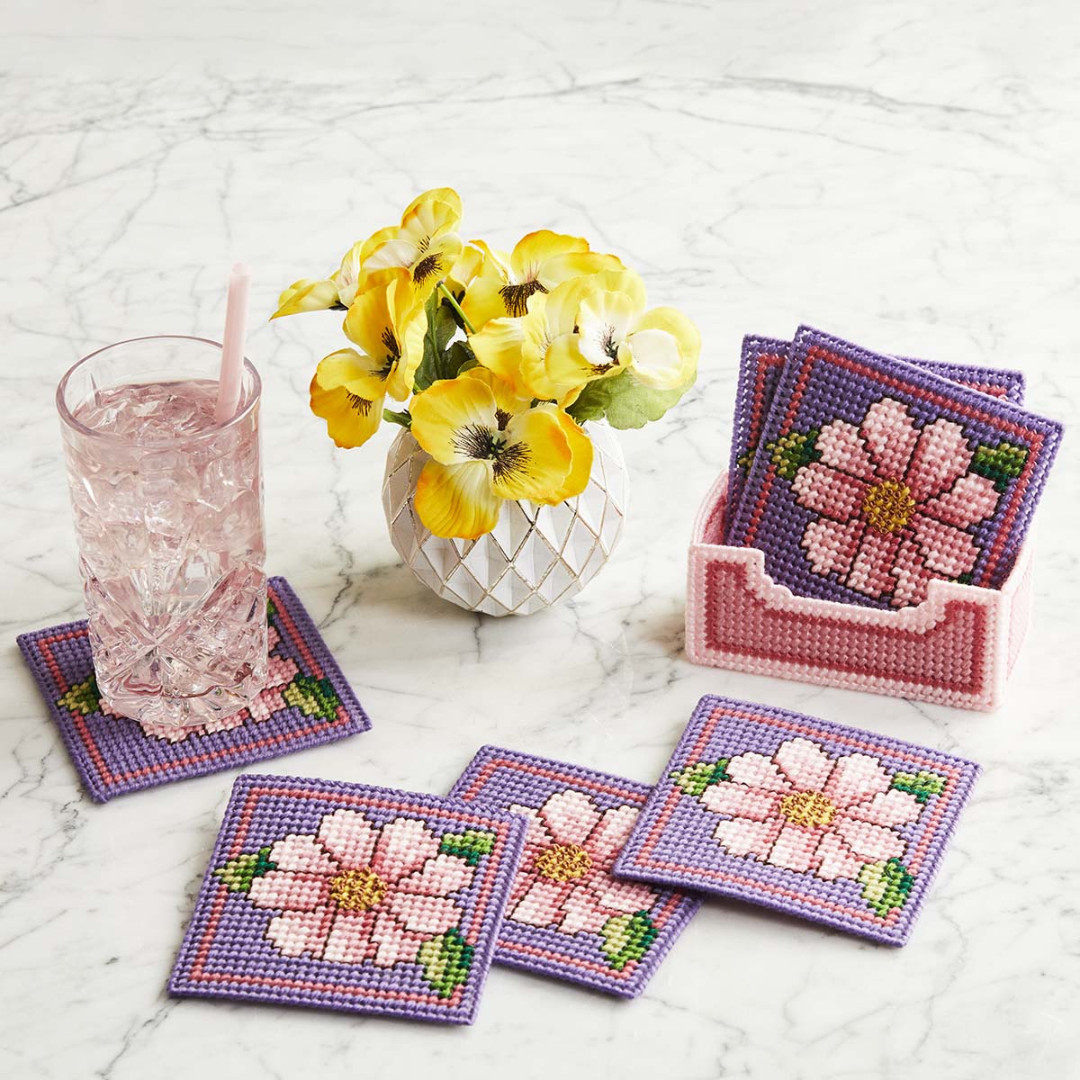 Herrschners  Delicate Blooms Coasters with Holder Plastic Canvas Kit