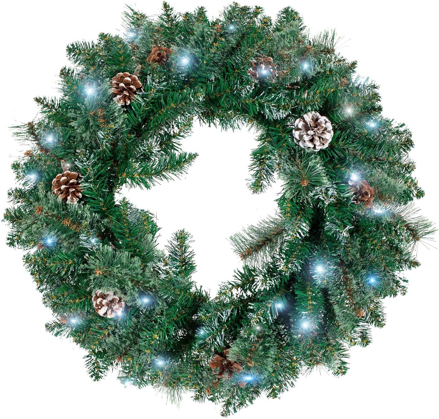 Pre-Lit Artificial Christmas Wreaths with 40 LED Lights&Timer (Green With Snow) 23.6"D x 4"W x 23.6"H