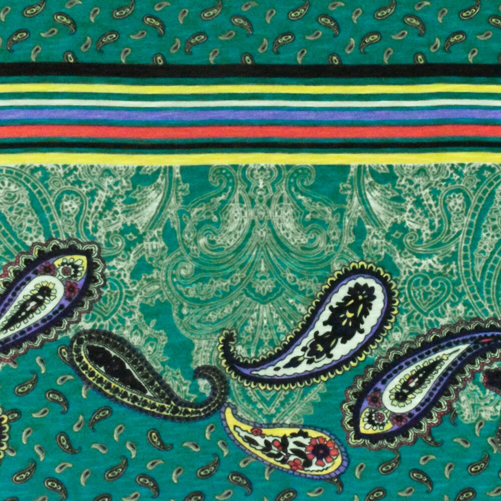 Turquoise-Multi Paisley With Stripe Printed Stretch Poly Slub Jersey Knit Fabric By the Yard
