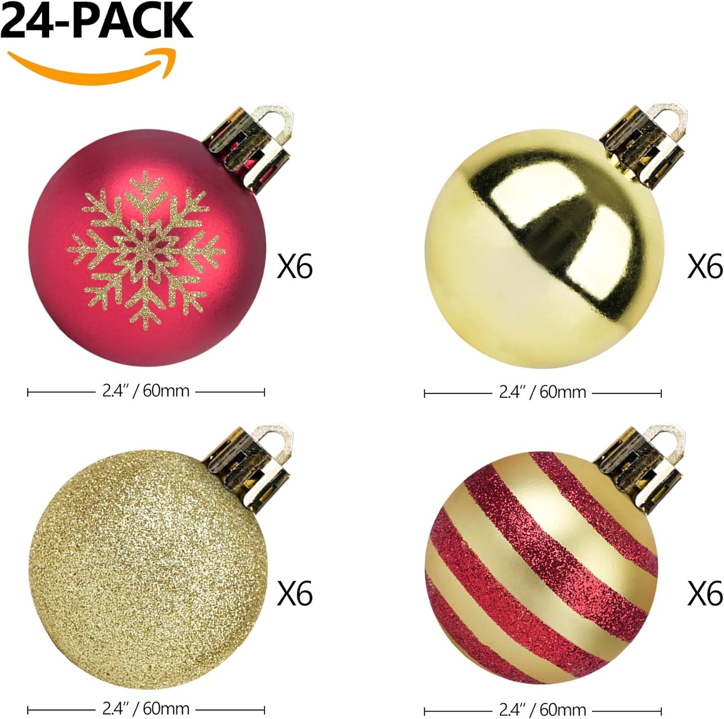 24pcs Christmas Ball Ornaments (Red and Gold) - 6.88 x 4.53 x 9 inches
