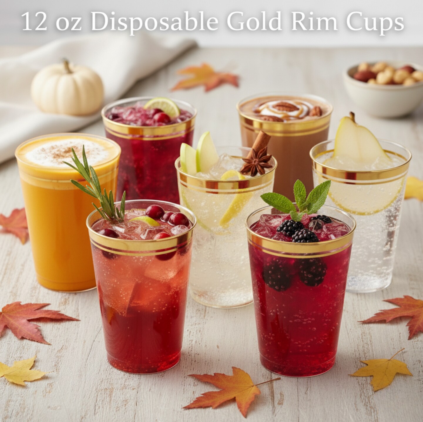 100 Pk 12 oz Clear Plastic Cups | Gold Rimmed Disposable Cups