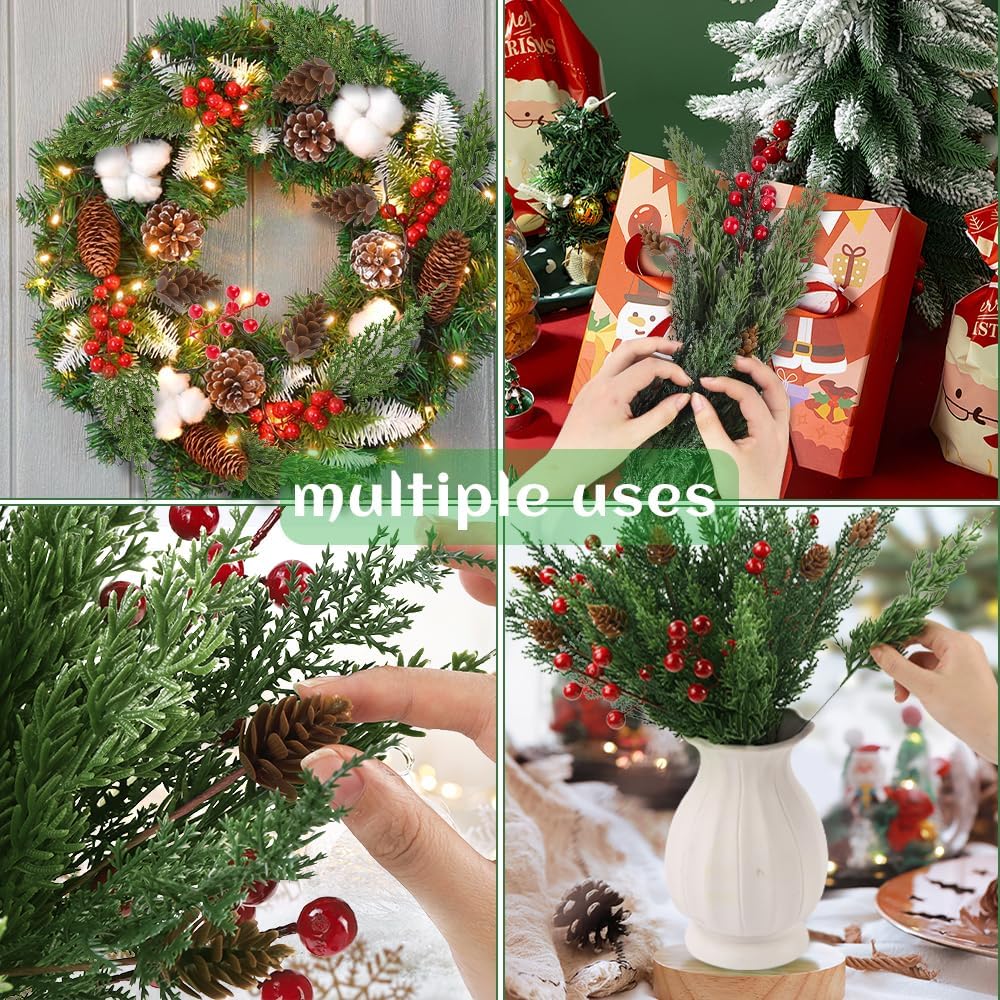 60 Pcs Christmas Artificial Pine Branches Red Berry Stems and Pine Cones (Green and Red) 3.9&#x22;D x 11.8&#x22;W x 4.3&#x22;H