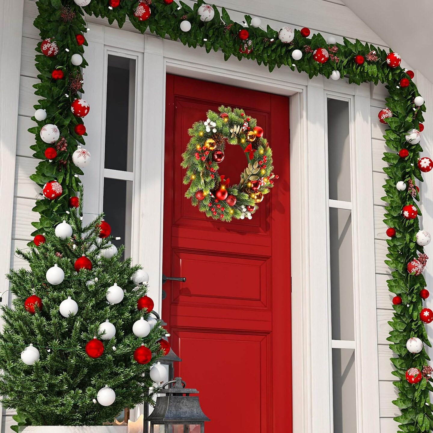 17 Inch Artificial Christmas Wreath for Front Door with 20 LED Lights (Green) 11.8"D x 7.8"W x 0.3"H