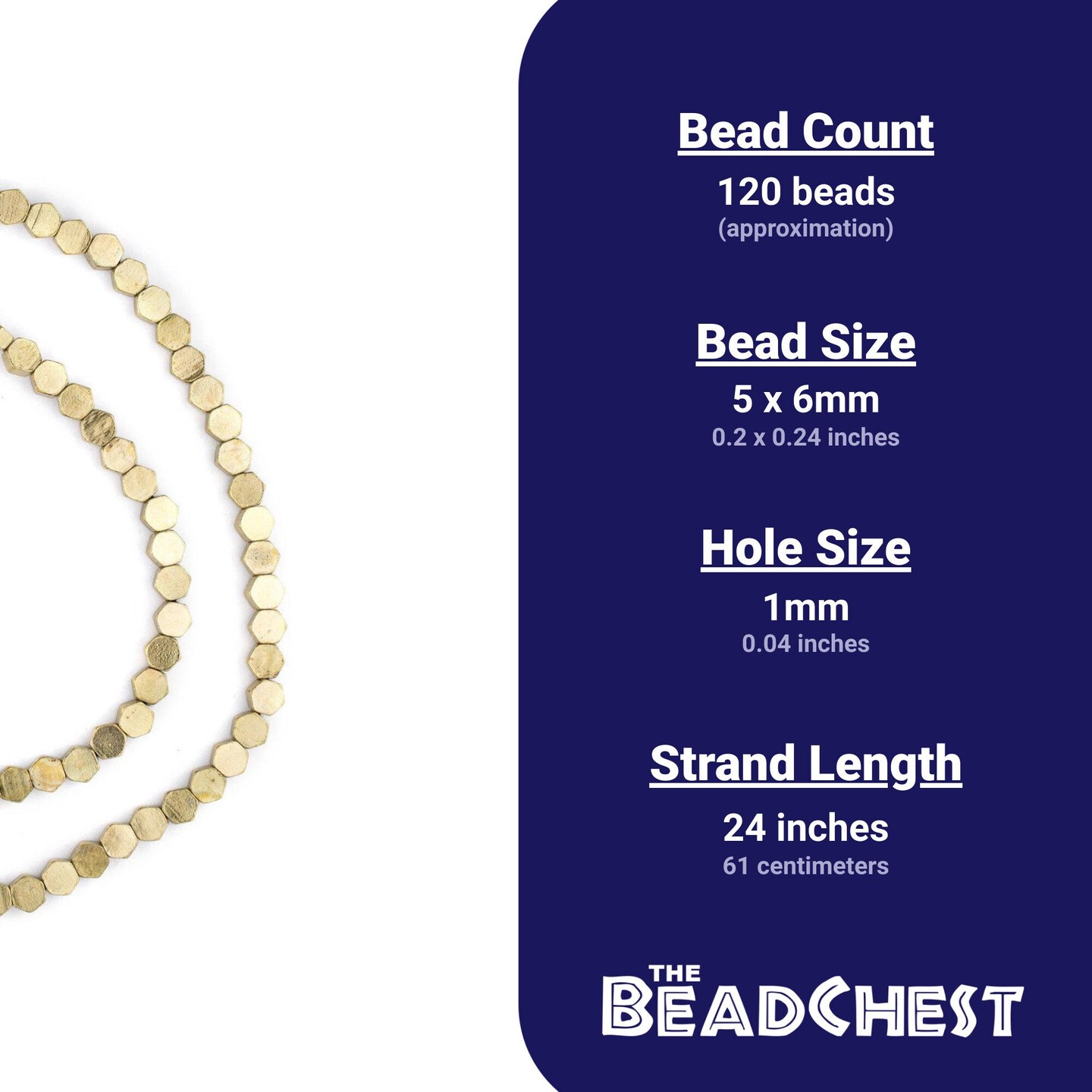 The Bead Chest Brass Hexagonal Beads 6mm, Full Strand of Quality Metal Spacers for DIY Jewelry Design