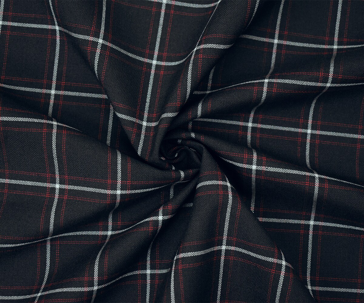 Black-Red-Gray Poly-Wool Plaid Shirting Woven Fabric By the Yard
