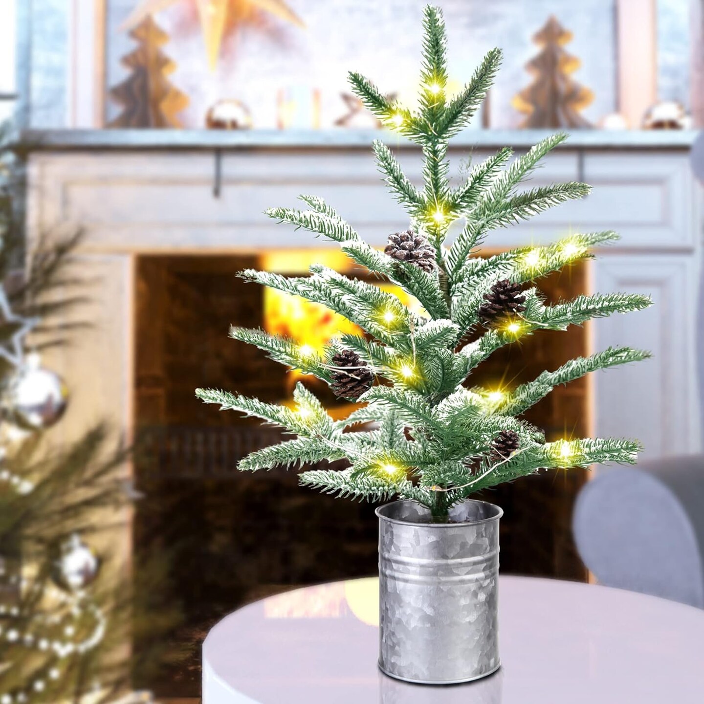 Small Christmas Tree 24 inch with 60 Lights Rustic Style Tabletop (White) 4&#x22;D x 4&#x22;W x 23.62&#x22;H