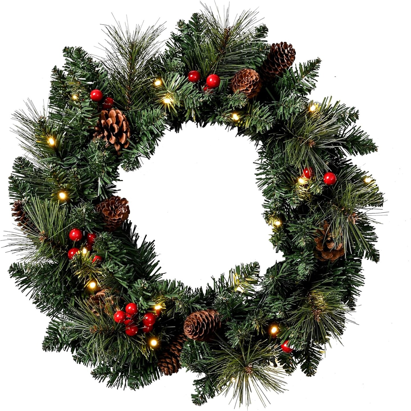 20Inch Pre-Lit Light up Christmas Wreath Green (Leaves&#x26;red Berries) 15.76&#x22;D x 15.76&#x22;W x 3.94&#x22;H