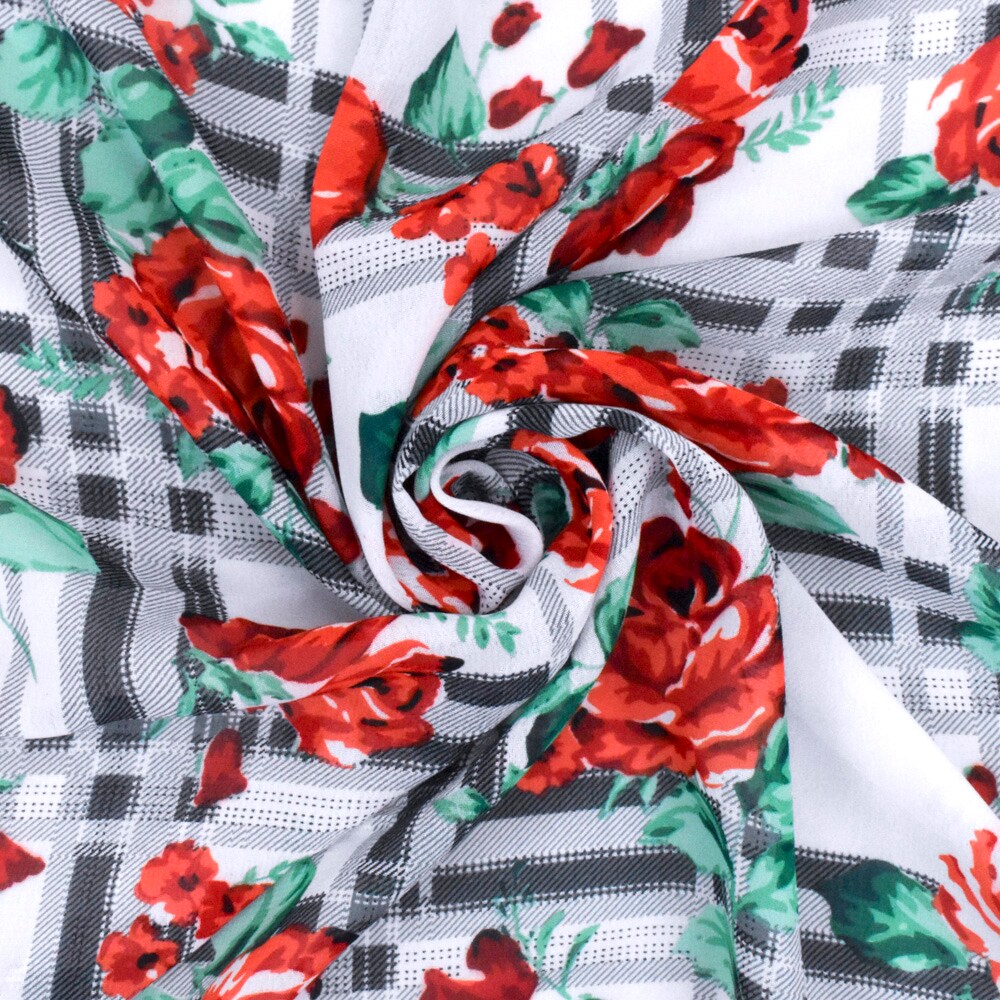 Red-Green-Multi Floral Plaid Printed Poly Chiffon Woven Fabric By the Yard