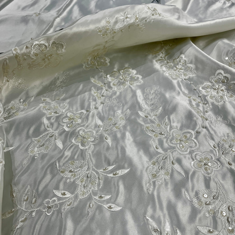 1 Yard - Beaded Bridal Lace Fabric Embroidered on 100% Polyester Satin - Ivory with Gold - 54" | Lace USA - 30108S-BP