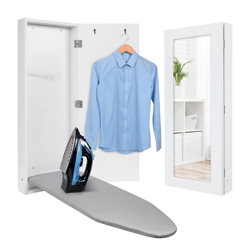 Ivation Foldable Ironing Board Cabinet, Wall-Mount With Mirror