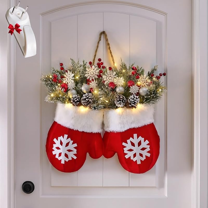 15.7-Inch Pre-Lit Christmas Glove Wreath - 20 Warm White LEDs
