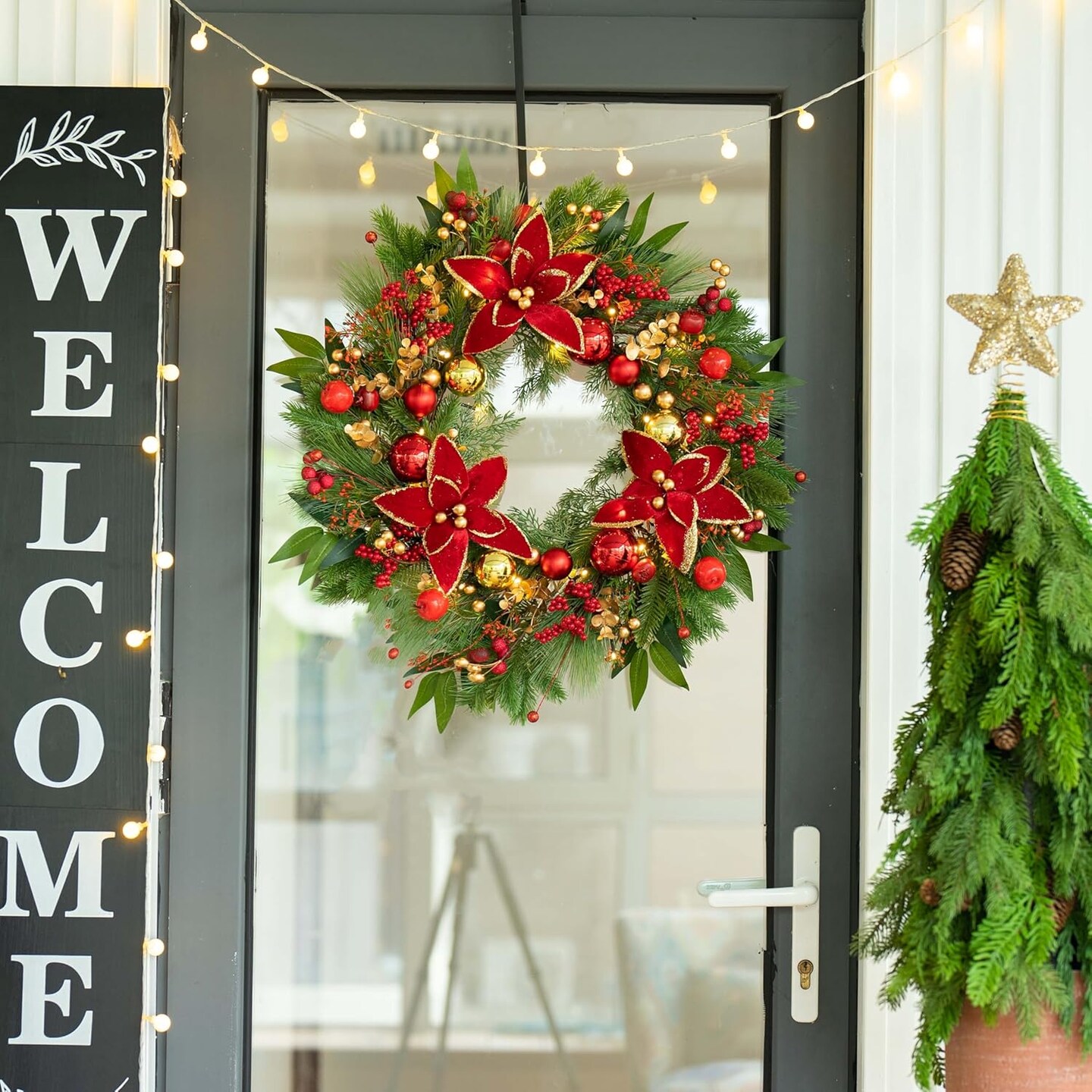Christmas Wreaths for Front Door- 24 Inch Outdoor Prelit Christmas (Red) 5&#x22;D x 24&#x22;W x 24&#x22;H