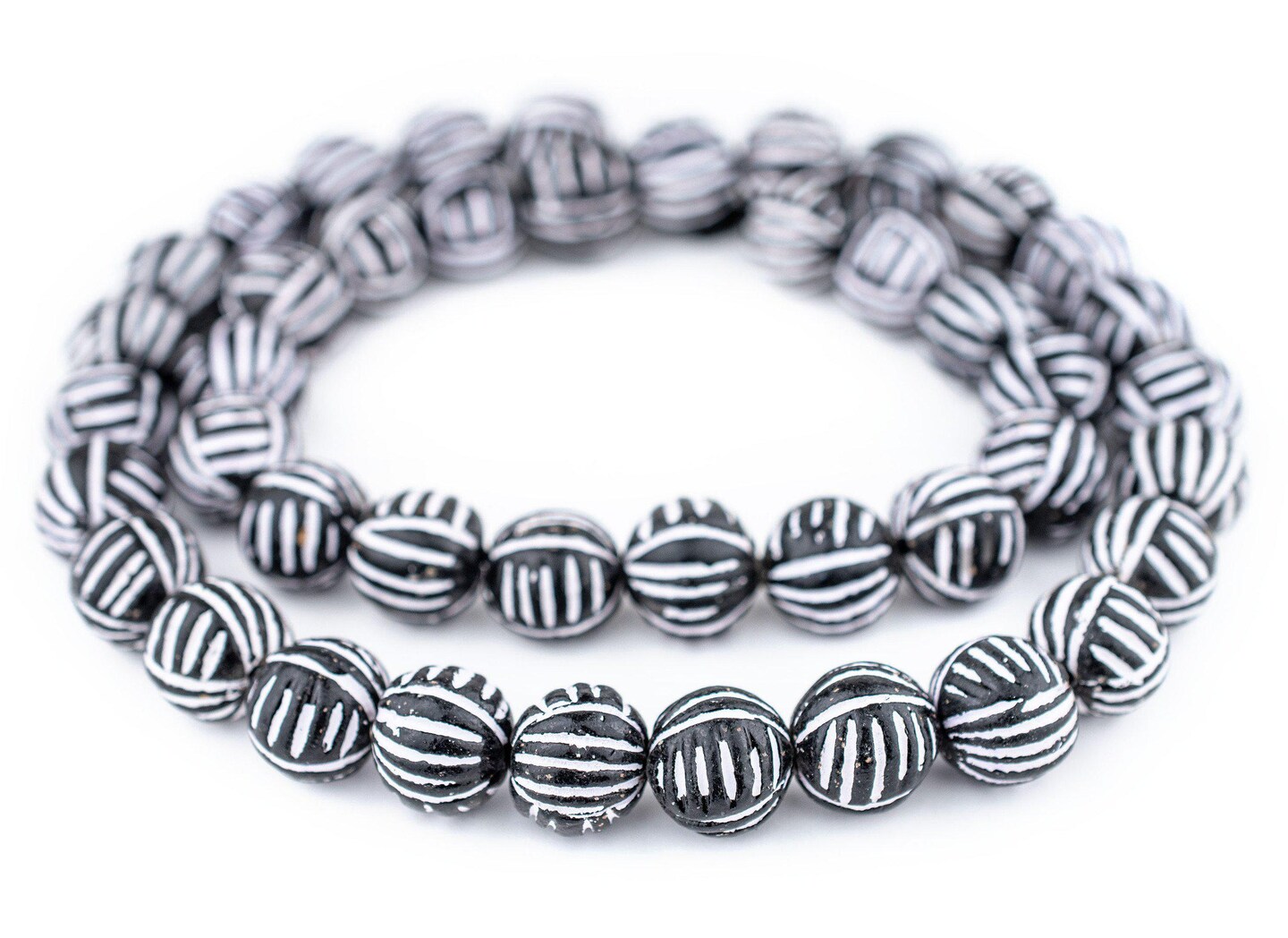 The Bead Chest Terracotta Black & White Scratch Beads 16mm Black and White Round Clay Large Hole 24 Inch Strand