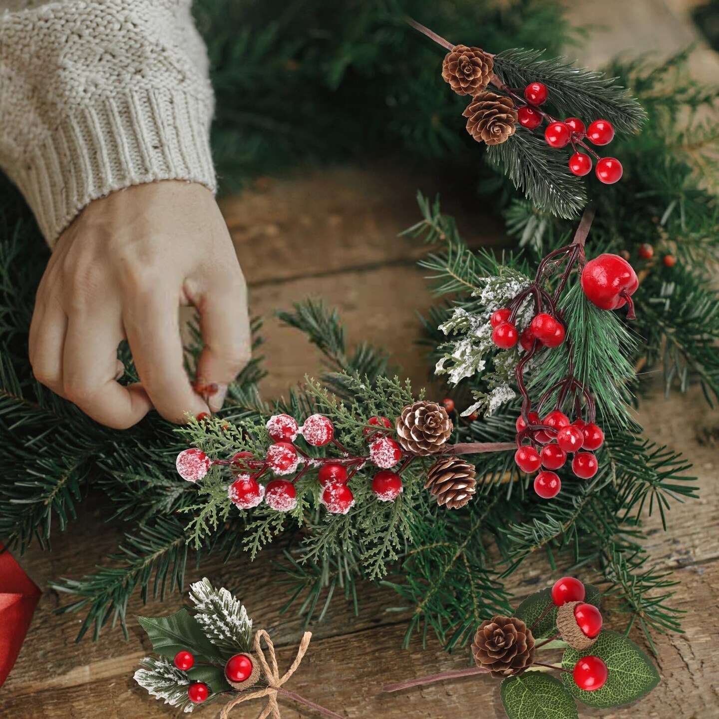20pcs Artificial Christmas Red Berry Picks Pine Cones (Multicoloured) 12"D x 8.5"W x 4"H
