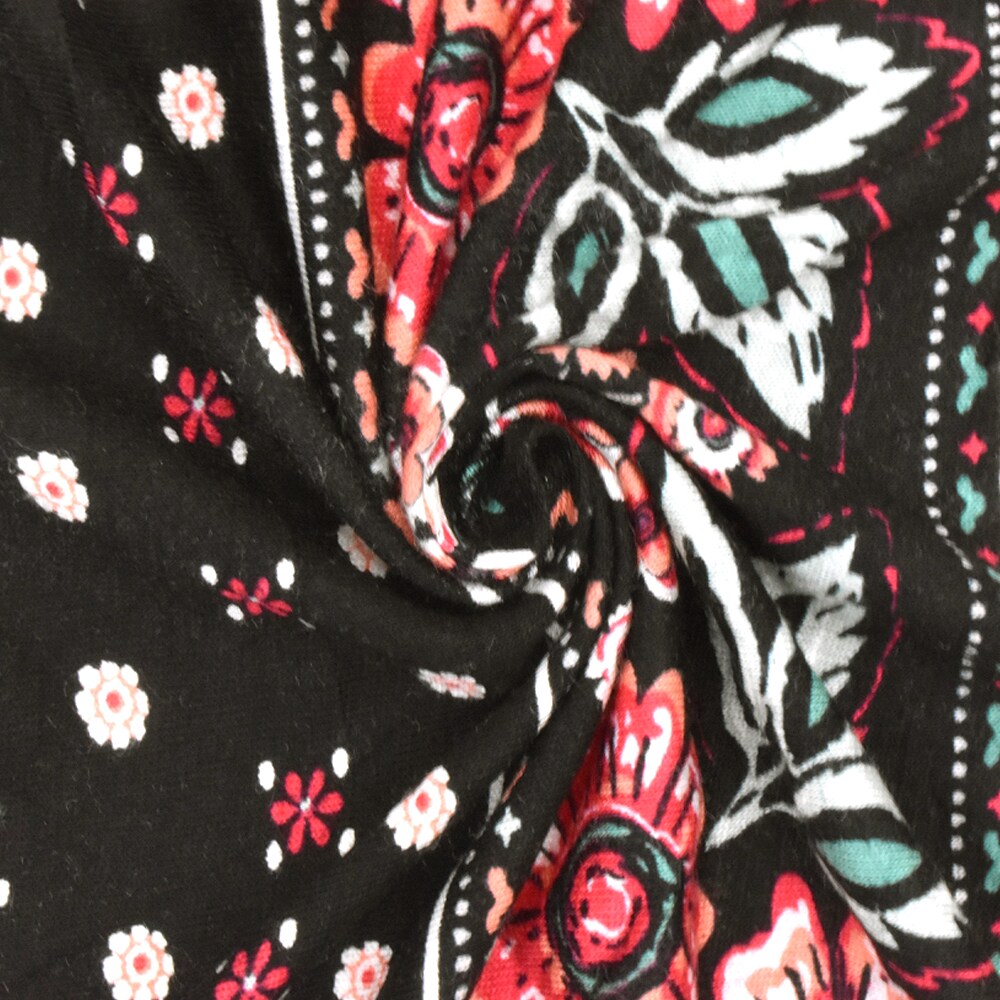 Black-Coral-Multi Mix Stripe Floral Print Rayon Stretch Jersey Knit Fabric By the Yard