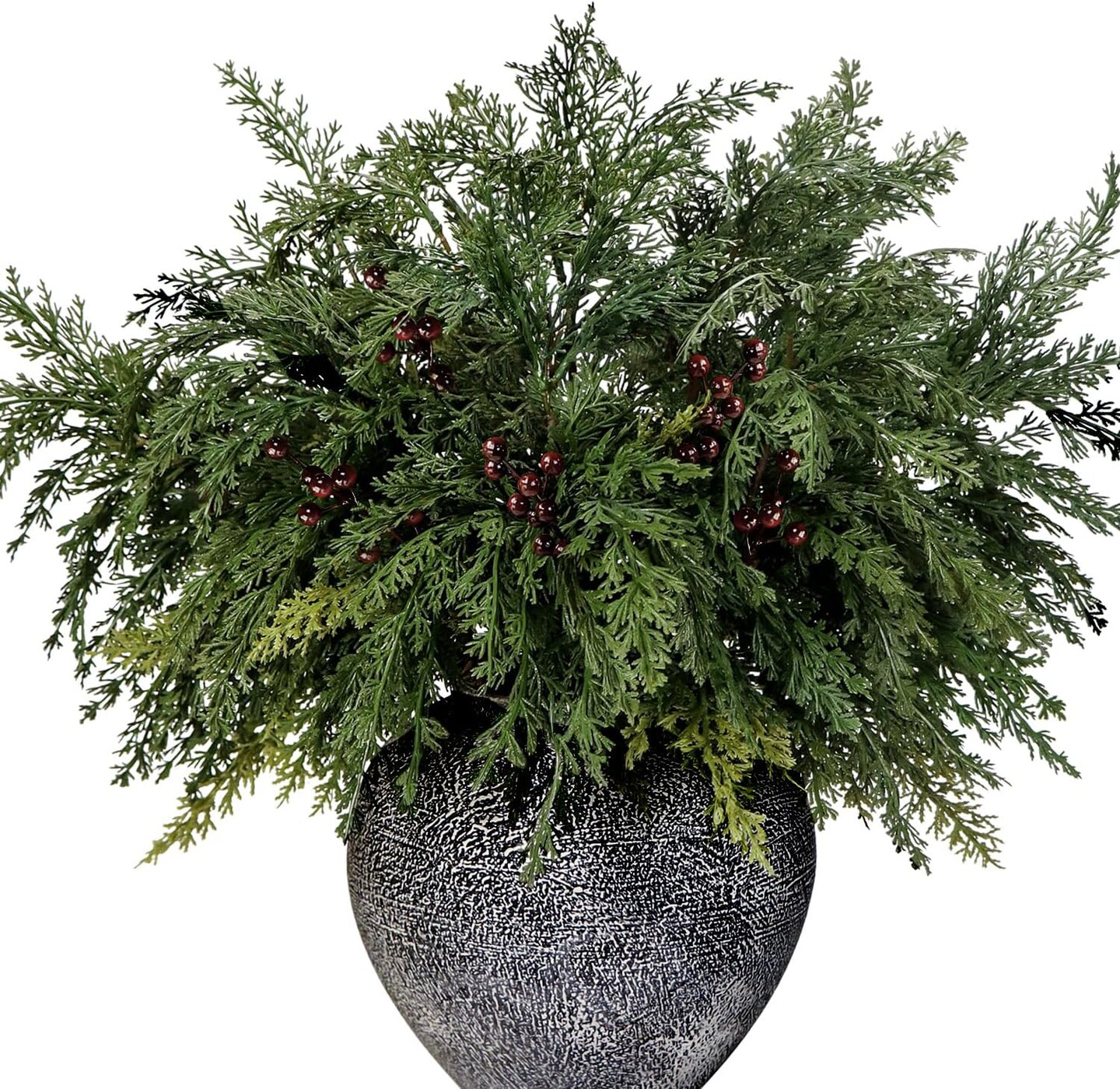 Christmas Greenery Stems with Red Berries Artificial Cedar Branches (Green) 2"D x 3"W x 3"H
