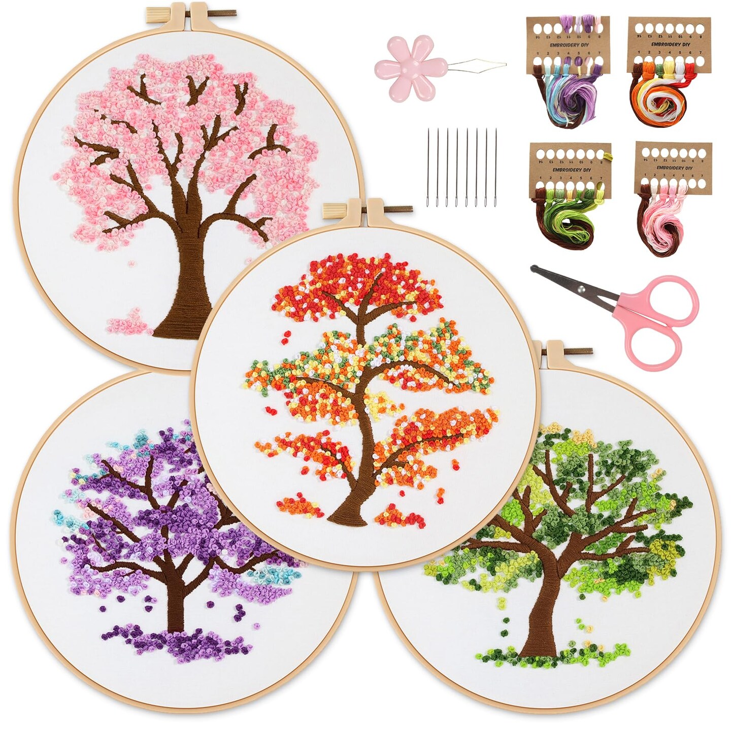 Embroidery Starter Kit for Beginners, 4 Sets Stamped Cross Stitch Kits for Adult, Seasonal Tree Pattern Hand DIY Kits with 2 Embroidery Hoop Instructions Color Threads Needles and Scissor