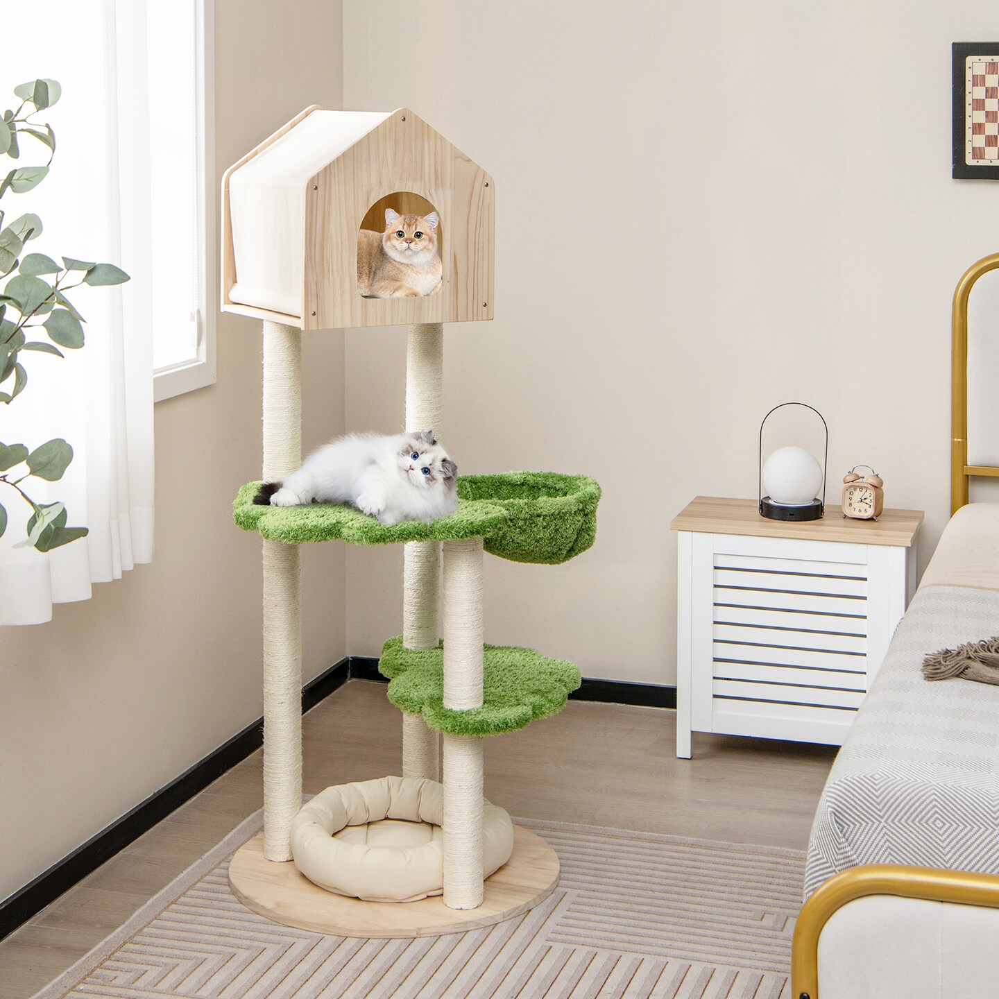 55 Inch Cat Tower with Sisal Posts and Plush Bed for Indoor Cats