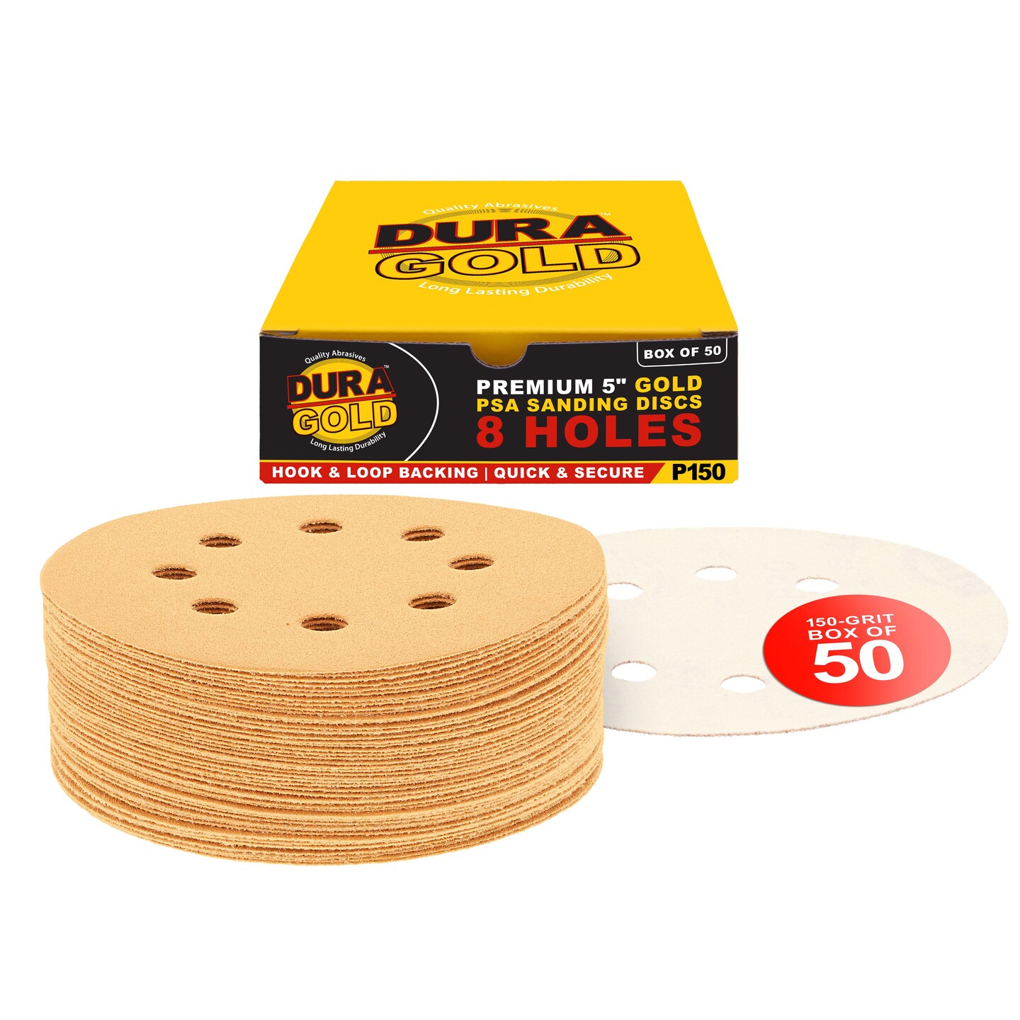 150 Grit - 5" Gold DA Sanding Discs - 8-Hole Pattern Hook and Loop - Box of 50