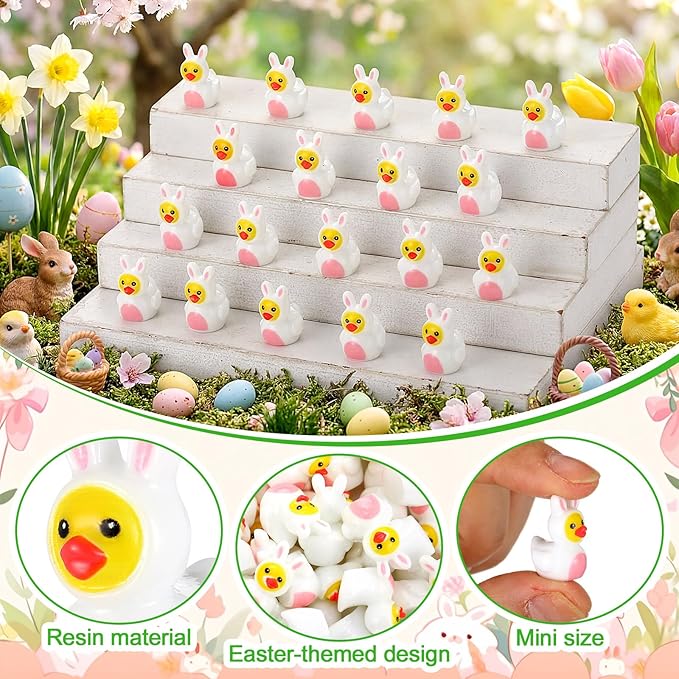60pcs Easter Bunny Cosplaying Resin Ducks Mini Bunny Themed Resin Ducks Miniature Figurine Decoration Tabletop Shelf Centerpieces for Easter Day Gifts