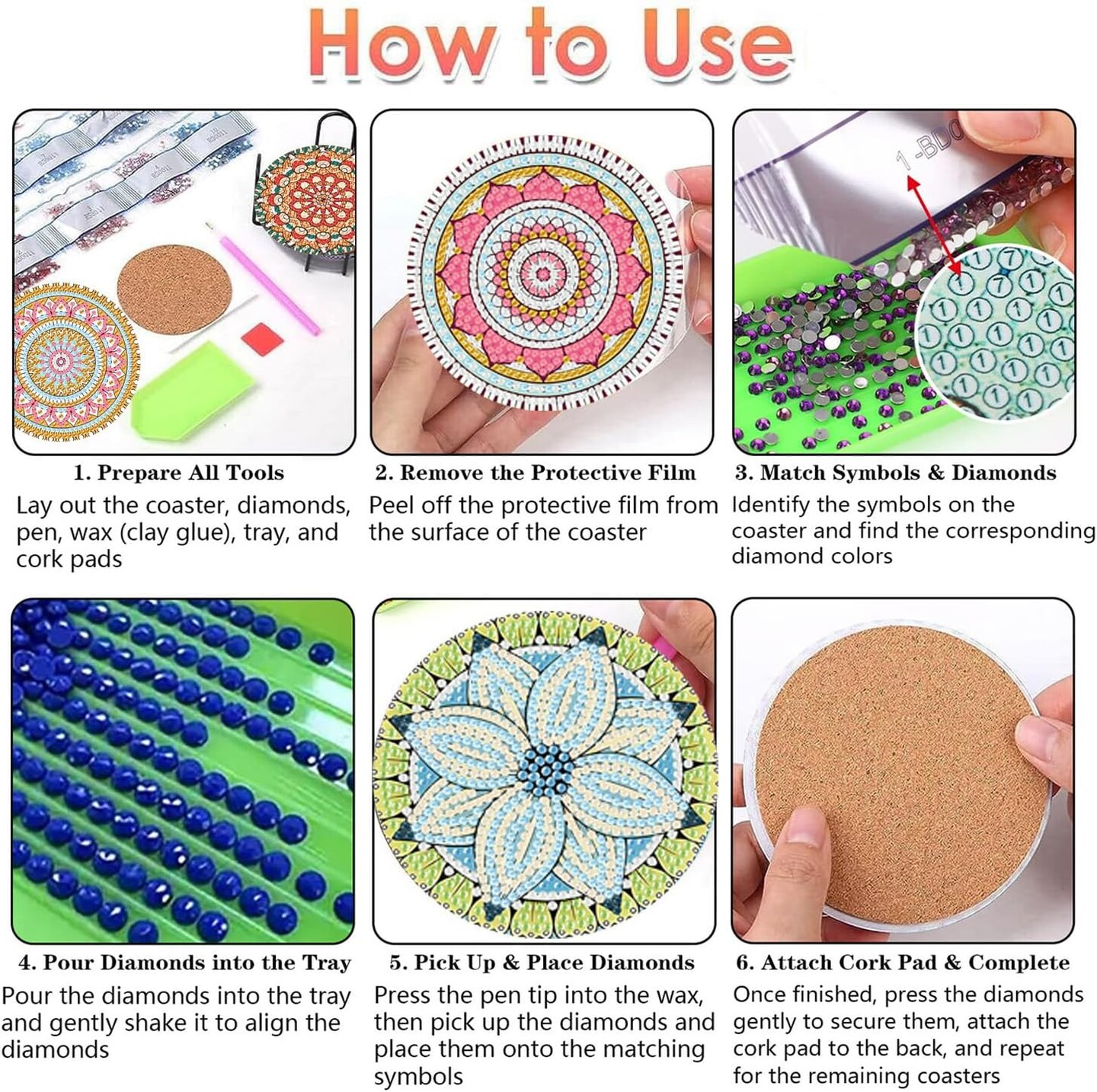 Diamond Painting Coasters Set of 8 with Holder – Mandala 5D Diamond Art Coaster Kit with Cork Backing, DIY Gem Art Craft for Adults & Beginners