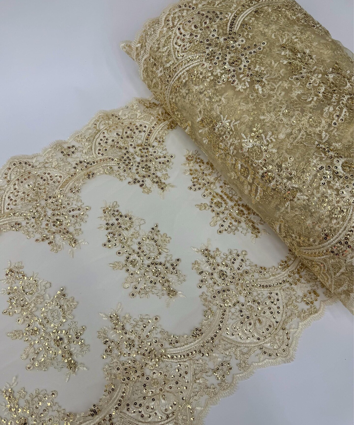 Champagne Embroidered Lace Table Runner by the Yard, 20" Wide Sequin Mesh Lace Trim with Scalloped Edges