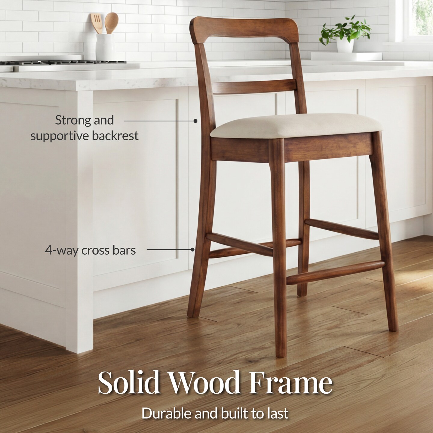 Best Choice Products Counter-Height Farmhouse Stools, Solid Wood w/ Cushion & Backrest, Set of 2