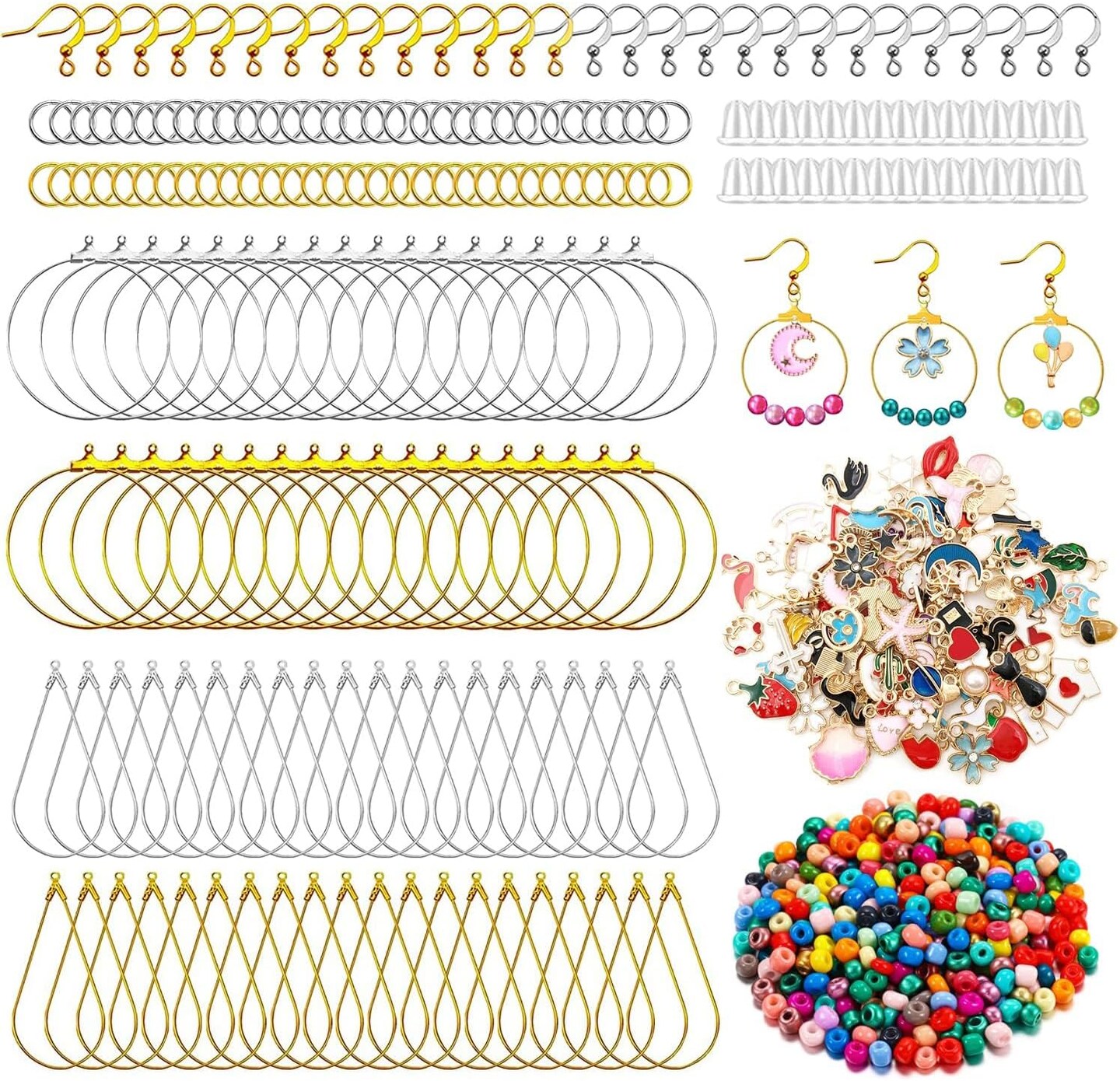 Earring Making Kit with 740 PCS Beading Hoop Earring Finding Component Accessories Hooks Jump Rings Loop Earring Backs Beads and Charms for Jewelry Making(740)