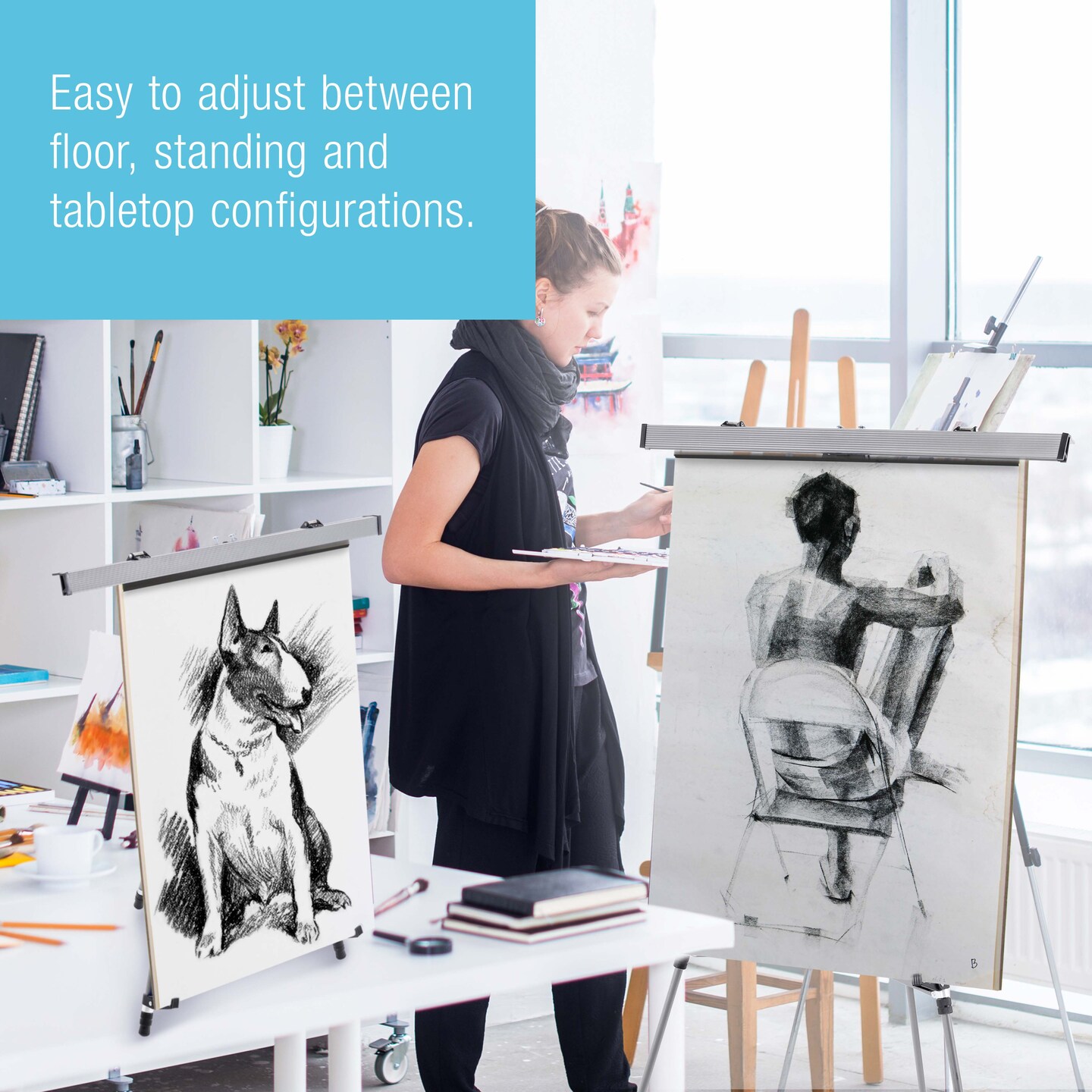 66" High Classroom Silver Aluminum Flip Chart Easel & Presentation Stand (4 Pack) - Adjustable Floor/Tabletop, Portable Tripod, Holds 25 lbs., for Chart Paper, Poster Boards, & Pads