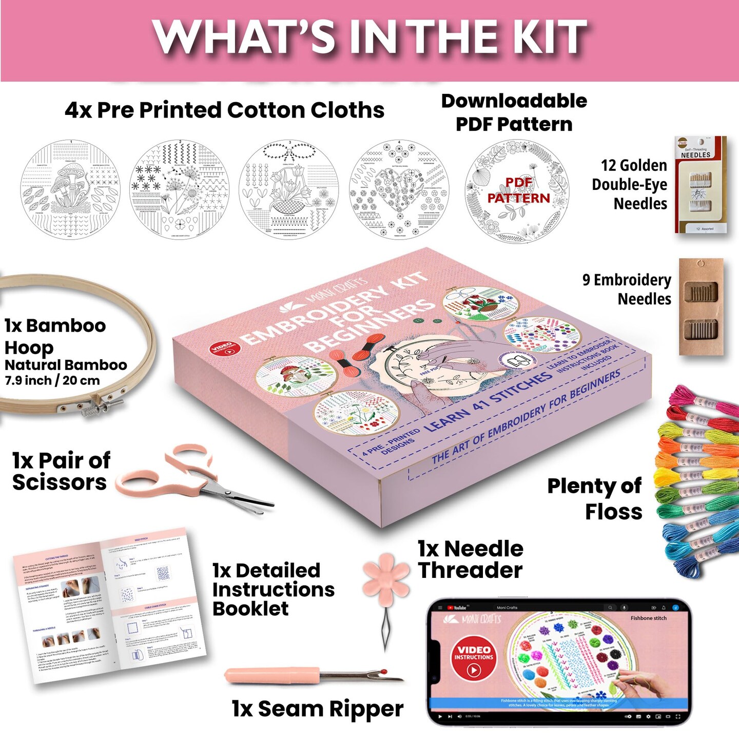 Moni Crafts Adult Beginner Embroidery Kit – 4 Pre-Printed Patterns (Flower, Mushroom, Floral, Heart) – Learn 41 Stitches, Hand Embroidery Starter Craft Set